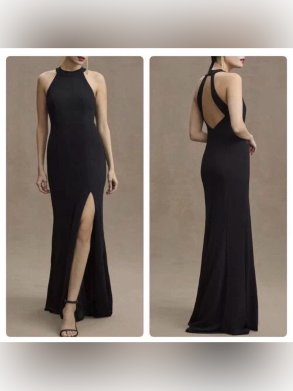 New Anthropology BHLDN Lennox Halter Open Back Side Slit Crepe Gown in Black 10